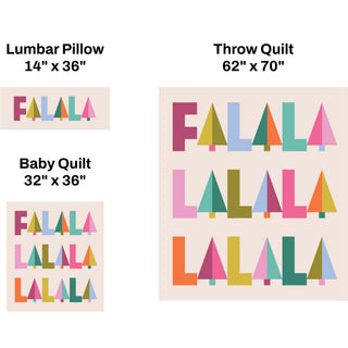Fa-La-La Quilt Pattern (Download) showing colorful holiday word quilt designs for a baby quilt throw quilt and lumbar pillow by Patternly Collective