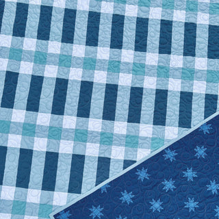 Linear Quilt Pattern (Download) featuring a modern geometric quilt in blue, teal, and white with bold lines and soft quilting details by Homemade Emily Jane