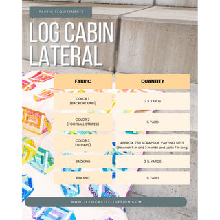 Fabric requirements graphic for Log Cabin Lateral Quilt Pattern (Download) by Jessica Steele Design showing colorful scrappy quilt fabrics and yardage