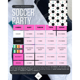 Soccer Party Quilt Pattern (Download) fabric requirements chart by Jessica Steele Design showing yardage for baby throw twin and queen quilts