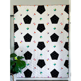 Soccer Party Quilt Pattern (Download) by Jessica Steele Design, modern soccer ball quilt with colorful geometric accents on a white background